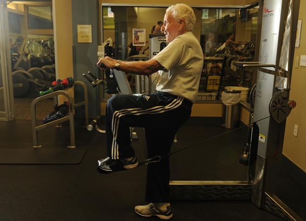 DENVER, CO - SEPTEMBER 13:   99-year-old Paul Marcus works out twice a week at the athletic club at the Jewish Community Center in Denver. He worked out his quads on Friday, September 13, 2013.    (Photo By Cyrus McCrimmon/The Denver Post )